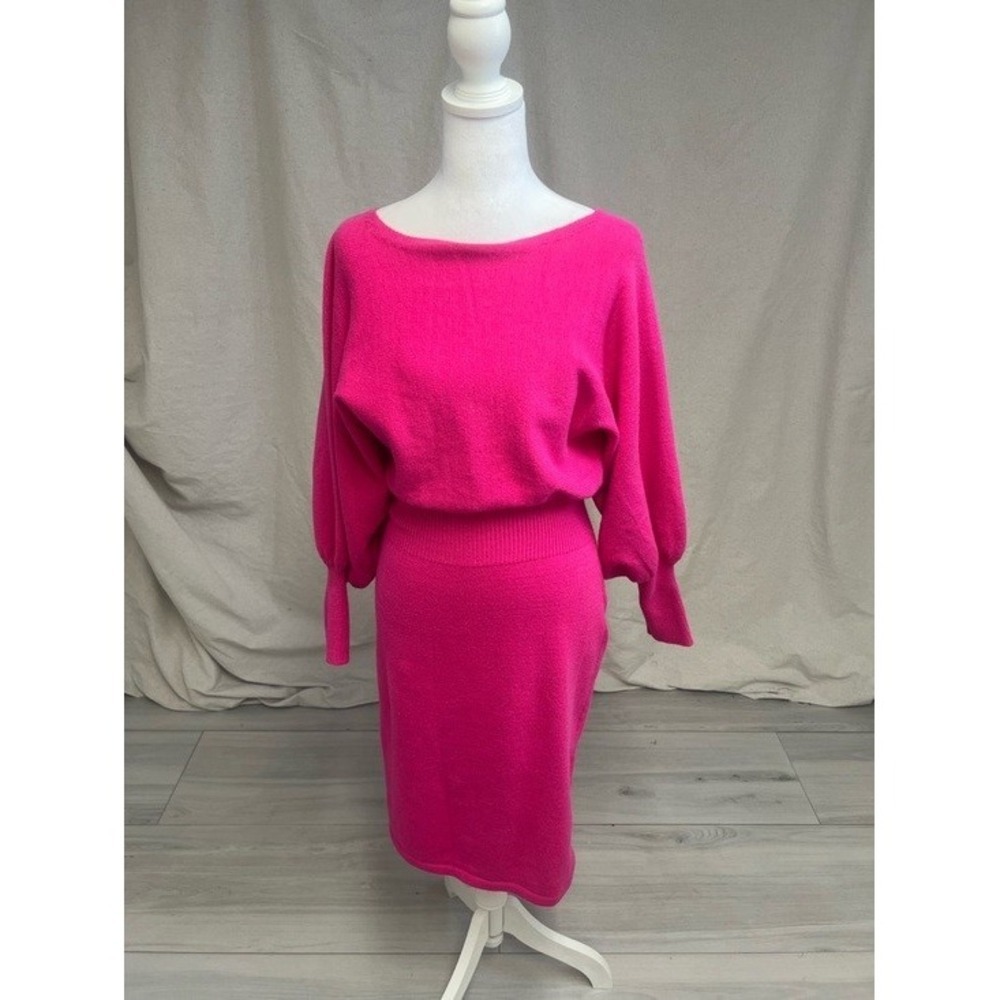 Hot Pink Retro Knit Sweater Dress Blouson Sleeve Barbiecore Sz‎ 12 Midi